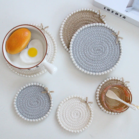 Coasters - Pearl Decoration - Cotton Rope - Hand-woven - Thick and Absorbent - Insulated and Heat-Resistant - Round - 3-Pack