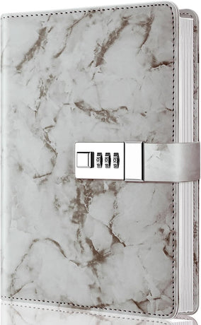 Diary with combination lock, waterproof leather, marble pattern, gray, 1 pack