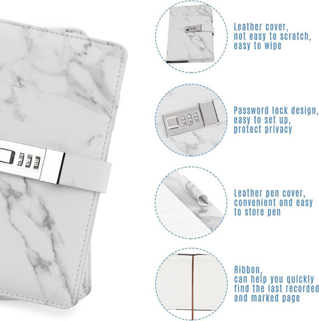 Diary with combination lock, waterproof leather, marble pattern, gray, 1 pack