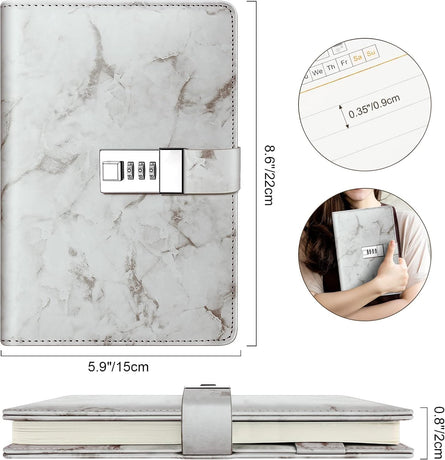 Diary with combination lock, waterproof leather, marble pattern, gray, 1 pack