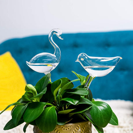 Self-watering globes, bird-shaped plant watering device, hand-blown, clear glass globe for indoor and outdoor plants, pack of 2