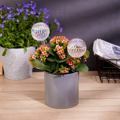 Glass Self-Watering Plant Balls, 2-Pack, Pearlescent, Clear Iridescent, Plant Watering Device, Diamond Pattern, Self-Watering Balls, Planter Insert, Decorative Holiday Watering Spikes