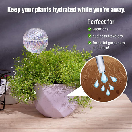 Glass Self-Watering Plant Balls, 2-Pack, Pearlescent, Clear Iridescent, Plant Watering Device, Diamond Pattern, Self-Watering Balls, Planter Insert, Decorative Holiday Watering Spikes