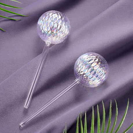 Glass Self-Watering Plant Balls, 2-Pack, Pearlescent, Clear Iridescent, Plant Watering Device, Diamond Pattern, Self-Watering Balls, Planter Insert, Decorative Holiday Watering Spikes