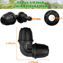 Drip Irrigation Fittings 1/4 Inch, Pack of 25 Barb Locking Elbows for 1/4 Inch Hoses, Drip Line Parts, Irrigation Connectors with Locking Nut for Drip Sprinklers, Garden and Lawn Watering Systems, Black