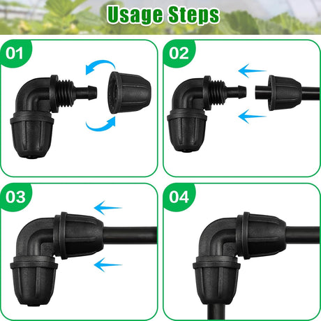 Drip Irrigation Fittings 1/4 Inch, Pack of 25 Barb Locking Elbows for 1/4 Inch Hoses, Drip Line Parts, Irrigation Connectors with Locking Nut for Drip Sprinklers, Garden and Lawn Watering Systems, Black