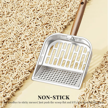 Cat Litter Scoop - Stainless Steel - Double Hole Design - Long Wooden Handle - Hanging Storage - 1 Pack