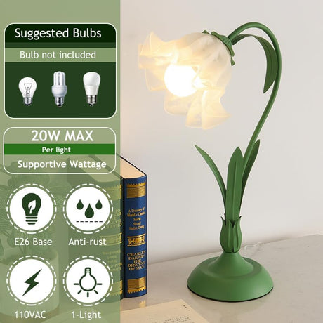 Green glass table lamp, flower table lamp, modern flower shape, metal top with glass lampshade, bedside table, desk lamp for bedroom, girl's room, living room, bedroom, office (green)