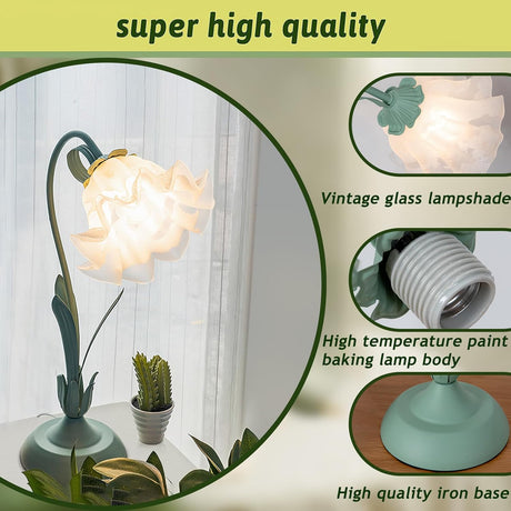 Green glass table lamp, flower table lamp, modern flower shape, metal top with glass lampshade, bedside table, desk lamp for bedroom, girl's room, living room, bedroom, office (green)