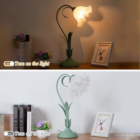 Green glass table lamp, flower table lamp, modern flower shape, metal top with glass lampshade, bedside table, desk lamp for bedroom, girl's room, living room, bedroom, office (green)