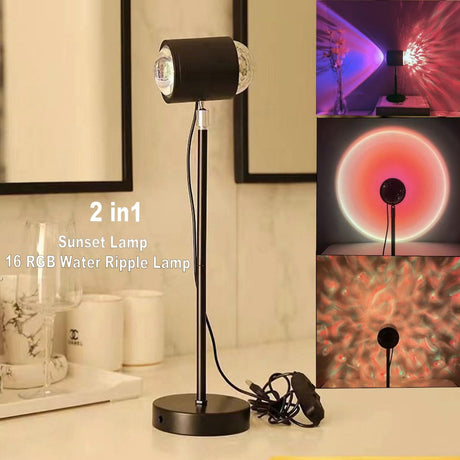 Water Ripple Lamp Sunset Lamp 2-in-1 3D Projector LED Light Sunset Ocean Light Project USB Powered Night Light 360° Rotation Button Control for Bedroom Photography Festive Atmosphere