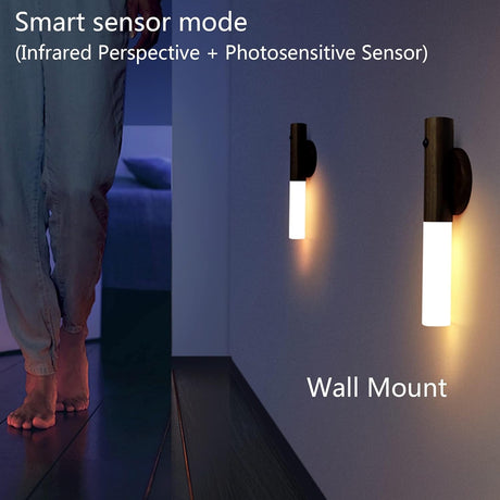 Night light with motion sensor, indoor lamp with LED, magnetic and portable lighting, no plug, USB charging function, wall lamp for hallway, bedroom, wardrobe, table, stairwell, cupboard, kitchen, etc., walnut