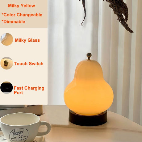 5W LED Portable Night Light, French Retro Milky Pear Shaped Gourd Table Lamp, Dimmable Color Changing Desk Lamp, Battery Operated and Rechargeable with USB Cable, Milky Yellow Table Lamp