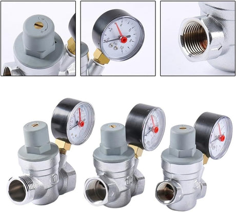 Adjustable pressure reducing valve with integrated pressure gauge for hot and cold water, brass pipe valve for home, commercial and industrial use (DN15)