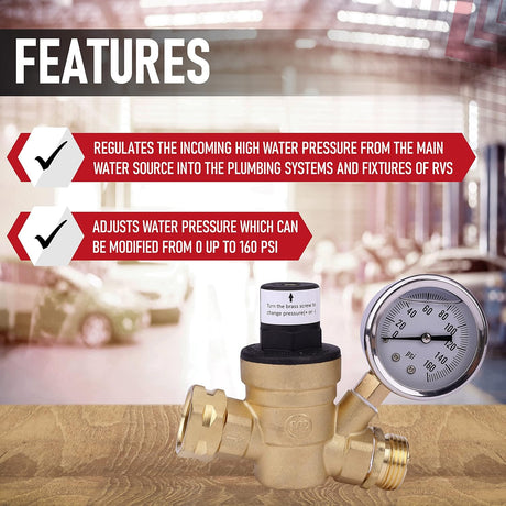 RV Water Pressure Regulator with Gauge Adjustable 3/4