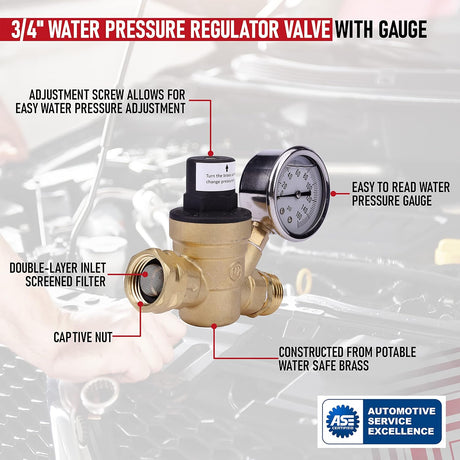 RV Water Pressure Regulator with Gauge Adjustable 3/4