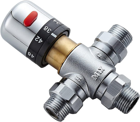 3-way thermostatic water mixer DN15, temperature control hot and cold, G1/2 NPS male connections, anti-scald temperature mixers for bathroom, under-sink taps, shower, bath, bidet (chrome)