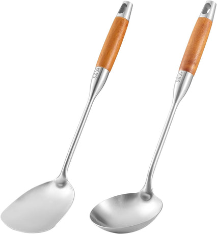 TsunNee 2PCS Stainless Steel Kitchen Utensil Set, 304 Stainless Steel Wok Spatula and Soup Ladle Set with Long Heat-Resistant Wooden Handle
