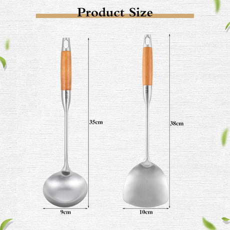 TsunNee 2PCS Stainless Steel Kitchen Utensil Set, 304 Stainless Steel Wok Spatula and Soup Ladle Set with Long Heat-Resistant Wooden Handle
