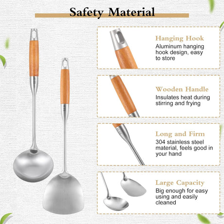 TsunNee 2PCS Stainless Steel Kitchen Utensil Set, 304 Stainless Steel Wok Spatula and Soup Ladle Set with Long Heat-Resistant Wooden Handle