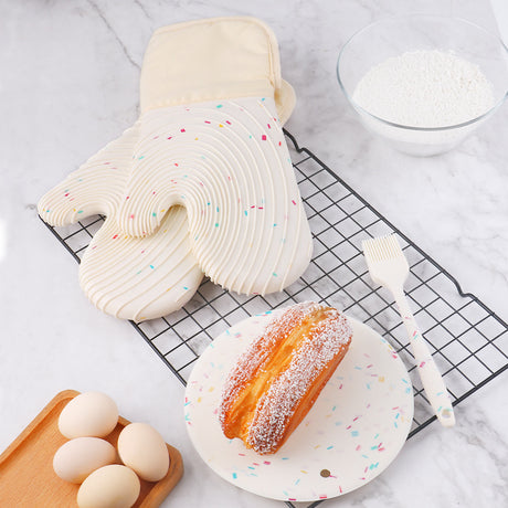 Quilted Cotton Terry Oven Mitts, Pot Holders, Kitchen Brushes, Set of 5, Heat Resistant, Silicone Handles, Shake