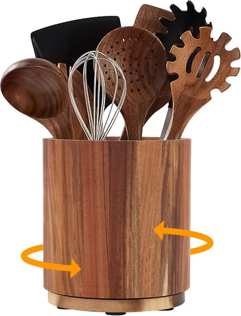 Kitchen Utensil Holder - Acacia Wood with 360 Degree Rotatable - Suitable for 15-20 Pieces - With Non-Slip Bottom - Round Organizer