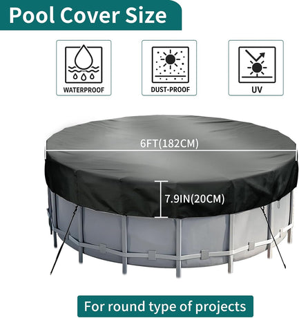 Round Pool Cover - Robust 420D Oxford Fabric Cover for Garden Pools with Drawstring - Waterproof Round Pool Cover with Winding Cord and Ground Pegs - 6 ft