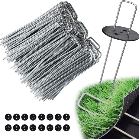 Weed Foil Spikes - U-shaped Ground Pegs - Garden - Artificial Grass - Ground Pegs, Tent, Heavy Metal - 100 pieces + 16 Buffer Rings
