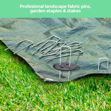 Weed Foil Spikes - U-shaped Ground Pegs - Garden - Artificial Grass - Ground Pegs, Tent, Heavy Metal - 100 pieces + 16 Buffer Rings