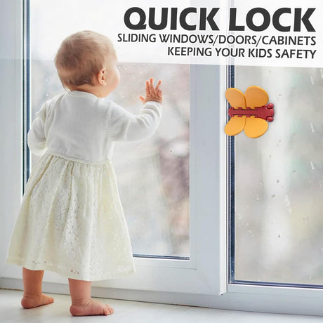 Child Lock Window Locks - Child-Safe Sliding Door Lock - Dragonfly Motif - Child Lock - Suitable for Windows and Doors - Quick-Sliding Door Lock, Patio Door Lock for Babies and Pets - 3 Pieces - Yellow