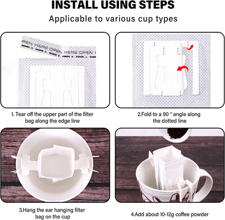 Coffee Filter Bags - with Hanging Loop - Portable Paper Coffee Filters for Most Cups - Travel, Camping, Home, Office - Pack of 100