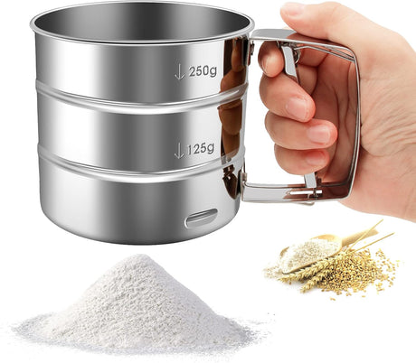 Flour Sieve - Stainless Steel Hand Flour Sieve - Manual Flour Press Cup for Home Kitchens - Large Baking Sieve Cup - For Icing Cake Flour - Silver