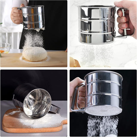 Flour Sieve - Stainless Steel Hand Flour Sieve - Manual Flour Press Cup for Home Kitchens - Large Baking Sieve Cup - For Icing Cake Flour - Silver
