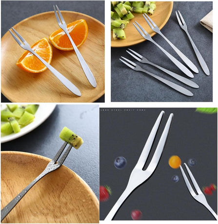 Forks - Reusable Mini Forks with 2 Prongs - for Appetizers, Desserts, Fruit, Cocktails, Parties, Travel - Set of 5 - Stainless Steel - Silver