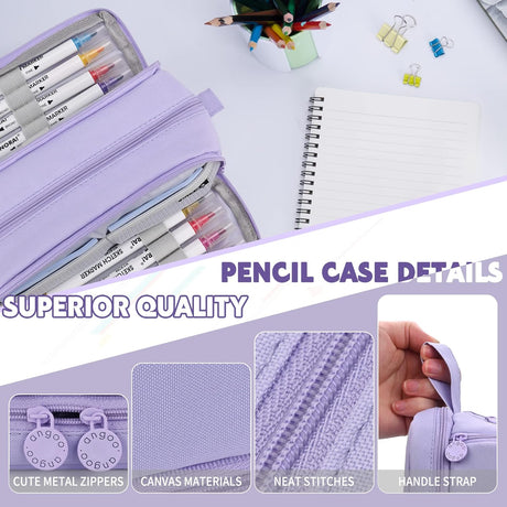 Pencil Case - Large Capacity Pencil Case - Suitable for Girls and Boys - With 4 Compartments - Multifunctional Pencil Case, Stationery Storage Bag, Office Cosmetic Bag - Portable Pencil Case - Suitable for Teens, Adults, Women and Men - Purple