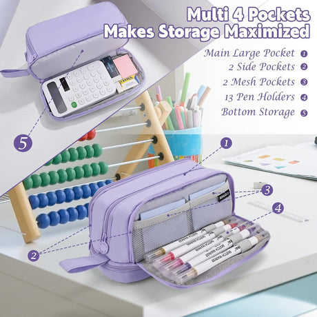 Pencil Case - Large Capacity Pencil Case - Suitable for Girls and Boys - With 4 Compartments - Multifunctional Pencil Case, Stationery Storage Bag, Office Cosmetic Bag - Portable Pencil Case - Suitable for Teens, Adults, Women and Men - Purple