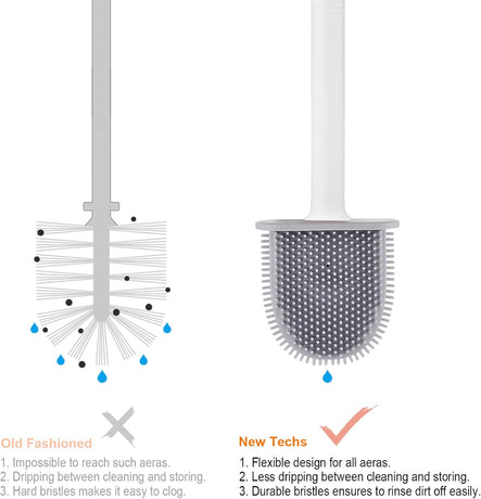 Toilet brush and holder - Deep cleaning silicone toilet brush - Flat toilet brush with long handle - Quick-drying toilet brush and holder - For bathroom - Floor/wall mounted - White - 11*8.5*13.8cm