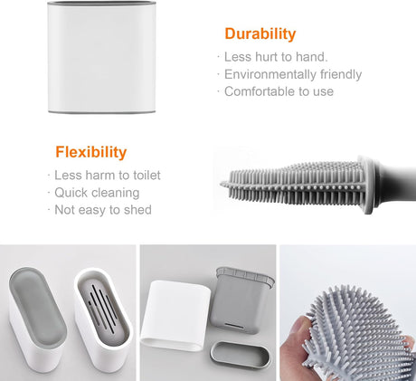 Toilet brush and holder - Deep cleaning silicone toilet brush - Flat toilet brush with long handle - Quick-drying toilet brush and holder - For bathroom - Floor/wall mounted - White - 11*8.5*13.8cm