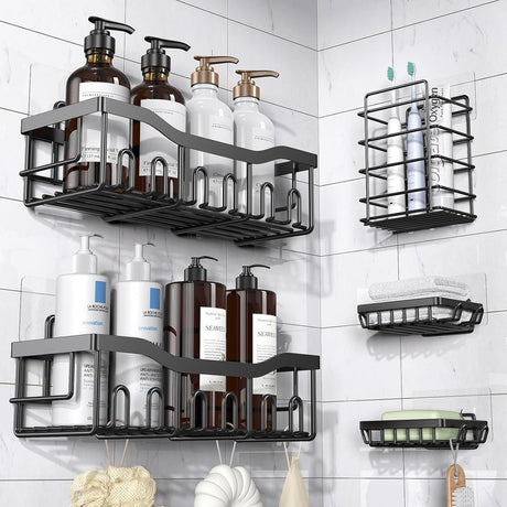 Self-Adhesive Shower Shelf - Rust-Resistant Stainless Steel Bathroom Organizer - No Drilling Required - Perfect for Bathroom Storage and Home Decor - XL - 5-Pack