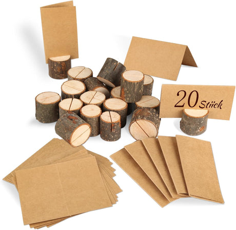 Wooden Place Cards (20) + Kraft Cards (20) - Wooden Card Holders - Wooden Place Cards - Rustic Wooden Photo Holders - Wedding Decorations