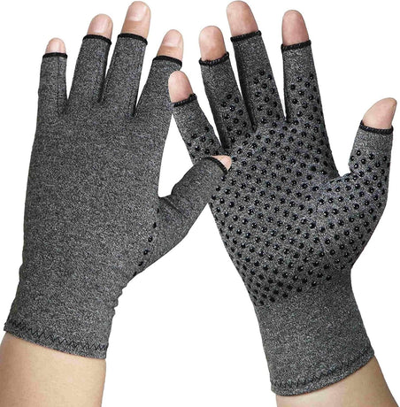 Rheumatism Gloves - Compression Gloves - Unisex - Osteoarthritis - Rheumatism - Arthritis - RSI - Carpal Tunnel Syndrome - L - Heather Grey Half Finger Gel