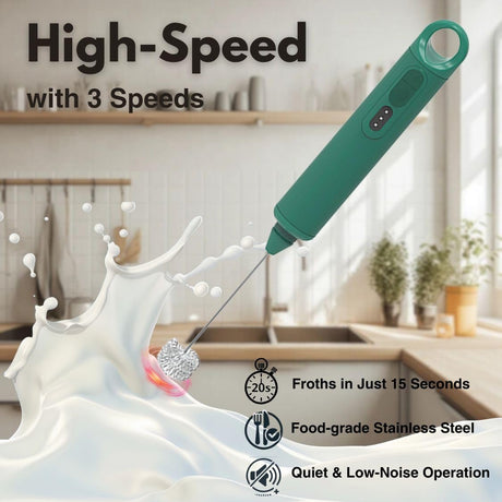 Rechargeable Milk Frother - Handheld Electric Milk Frother with 3 Speeds and 3 Interchangeable Beaters - For Coffee, Latte, Cappuccino, Eggs, Hot Chocolate - USB, Portable, Green