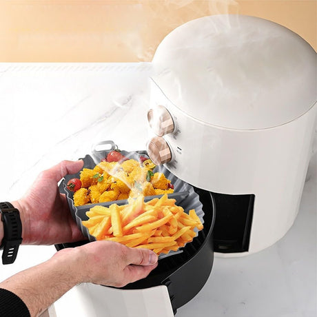 Airfryer baking tray – Airfryer accessories – Round Silicone Baking Tray with Division – Non-Stick Heat Resistant Baking Pan for Oven & Airfryer – Suitable for Cakes, Cookies & Muffins – 20×20×4.5 cm – Off White and Gray – 2 pieces