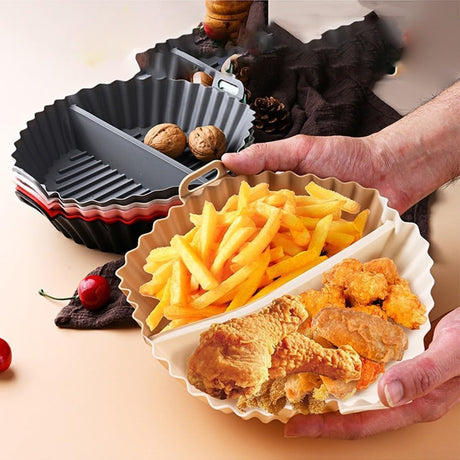 Airfryer baking tray – Airfryer accessories – Round Silicone Baking Tray with Division – Non-Stick Heat Resistant Baking Pan for Oven & Airfryer – Suitable for Cakes, Cookies & Muffins – 20×20×4.5 cm – Off White and Gray – 2 pieces