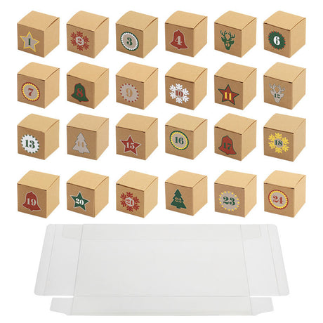 Christmas Box – Candy Boxes – Advent Calendar 1-24 Set – Refillable Countdown Box with Kraft Paper Boxes & Empty PVC Candy Containers for DIY Christmas Decoration & Gifts