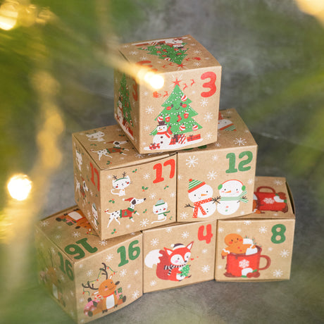 Christmas Box – Candy Boxes – 24 Piece Advent Calendar Gift Box Set – 7x7x7 cm Paper Countdown Boxes with Santa Claus & Snowman Designs – Perfect for Chocolates, Sweets & Small Gifts