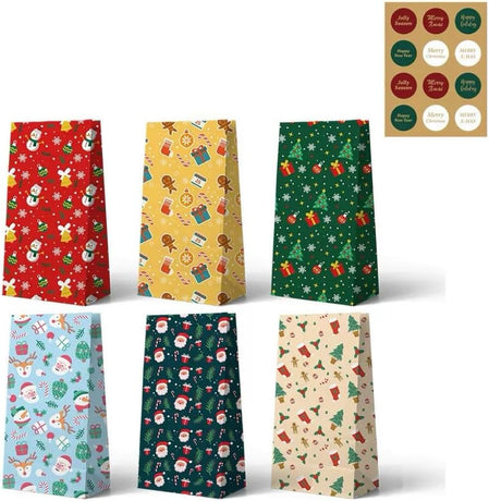 Paper Gift Bags – Christmas Gift Bags – 24 Count Christmas Gift Bags – Kraft Paper Christmas Bags with Festive Designs – Perfect for Small Presents, Sweets & Party Favors – With Stickers for Easy Sealing