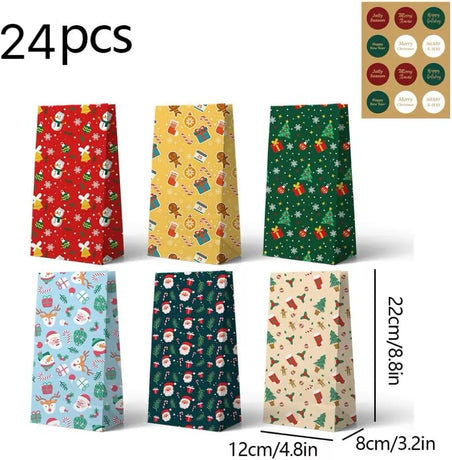 Paper Gift Bags – Christmas Gift Bags – 24 Count Christmas Gift Bags – Kraft Paper Christmas Bags with Festive Designs – Perfect for Small Presents, Sweets & Party Favors – With Stickers for Easy Sealing