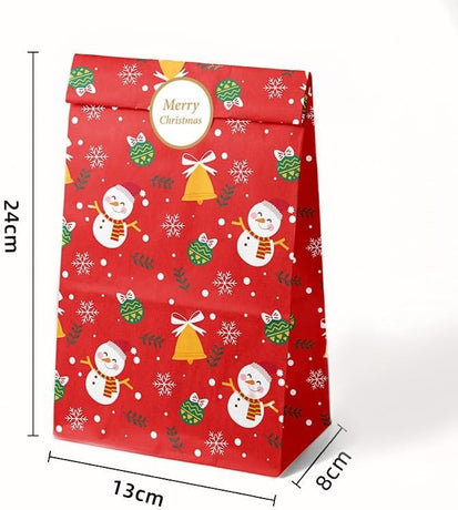 Paper Gift Bags – Christmas Gift Bags – 24 Count Christmas Gift Bags – Kraft Paper Christmas Bags with Festive Designs – Perfect for Small Presents, Sweets & Party Favors – With Stickers for Easy Sealing
