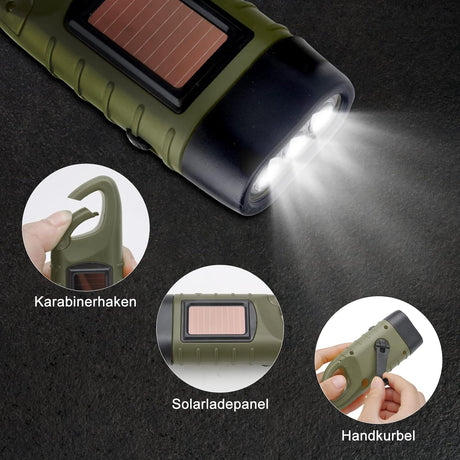 Emergency Flashlight - Military Clamp Rechargeable - Dynamo & Solar Powered - For Emergency Kits and Power Outages - Dark Green